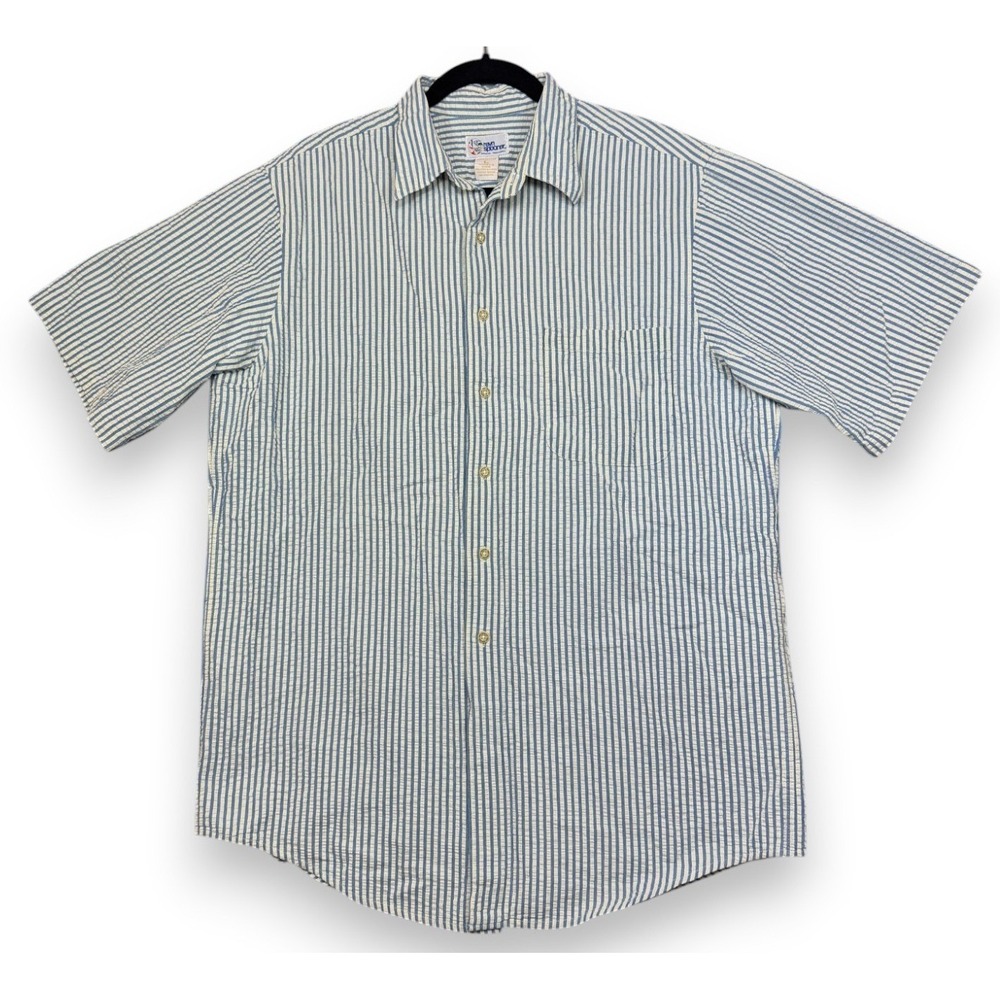 Vintage Reyn Spooner Seersucker Shirt Mens Large Blue Striped Granddad Popover